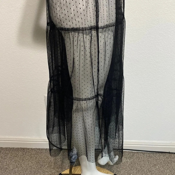 Black Polka Dot Sheer Sleeveless V-Neck Pullover Tiered Midi Dress Size M/L - Picture 7 of 8